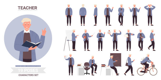 illustrazioni stock, clip art, cartoni animati e icone di tendenza di set di posa del lavoro dell'insegnante o dell'uomo, insegnamento, posture di vista frontale e posteriore - professor