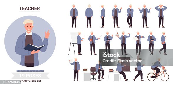 istock Teacher or man professor work pose set, teaching, front side and back view postures 1307260135