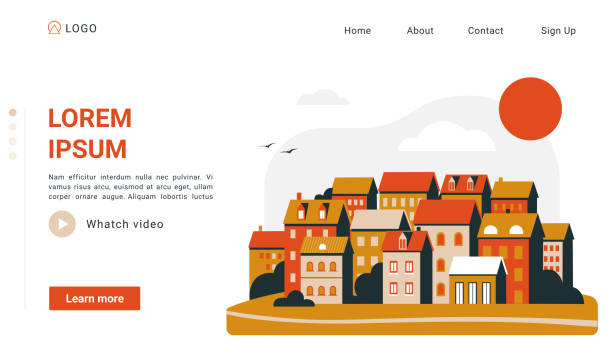 Urban simple landscape landing page, cityscape sunset scene with orange buildings houses Urban simple landscape vector illustration. Cartoon cityscape sunset scene with orange buildings houses and road, minimal geometric website design with city evening scenery under red sun landing page residential district stock illustrations