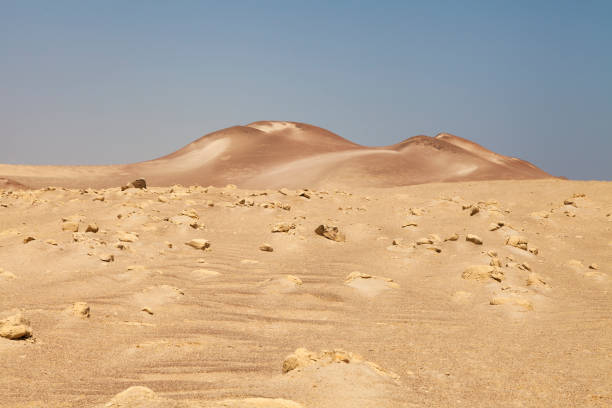 Landscape photography of red dunes and yellow sands, in the Paracas desert, on the Lagunillas Route, in the direction of Las Minas Beach in the Paracas National Reserve, Pisco, Ica, Peru.