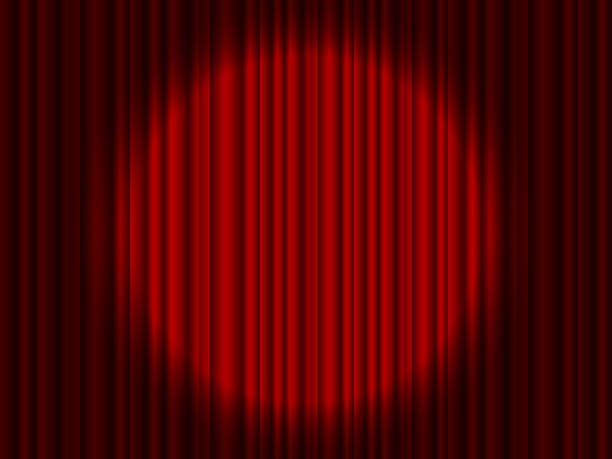 Curtain on stage. Red background with spotlight in theater or cinema. Red closed velvet curtain for circus, theatre, scene, club. Background wirh light of projector for ceremony on broadway. Vector. Curtain on stage. Red background with spotlight in theater or cinema. Red closed velvet curtain for circus, theatre, scene and club. Background wirh light of projector for ceremony on broadway. Vector comedian stock illustrations