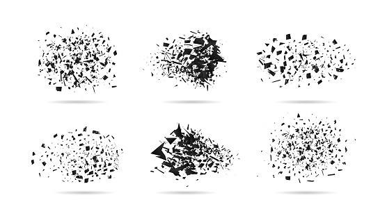 Shatter of particle. Broken glass with debris. Abstract explosion with destruction and particle. Shatter effect isolated on white background. Explode with confetti. Graphic texture of bomb. Vector.