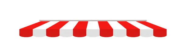 Vector illustration of Tent of shop. Awning on cafe. Roof of marketplace. Red-white stripe canopy for store or market. Striped sunshade for restaurant, circus and marquee. Parasol on white background. Vector