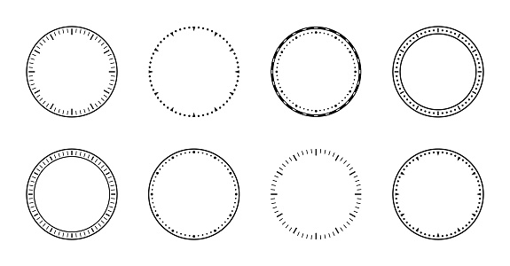 Clock face. Dial of watch. Circles of clock faces for time. Simple graphic icon isolated on white background. Design of outline of watch for wall. Modern blank timer. Silhouette of stopwatch. Vector.