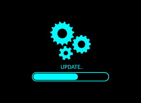Update icon. Upgrade of software. Load and install of app on computer. Time and progress of update. Download new version of software. Concept of process of upgrade. Page of load. Vector.
