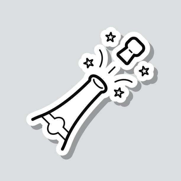 champagner-explosion. icon-aufkleber auf grauem hintergrund - sektkorken stock-grafiken, -clipart, -cartoons und -symbole