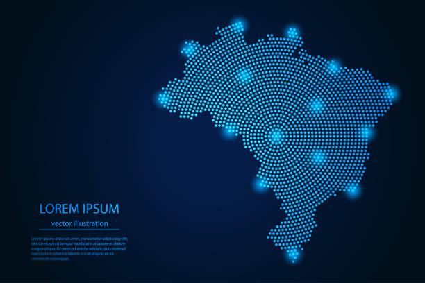 ilustraciones, imágenes clip art, dibujos animados e iconos de stock de imagen abstracta mapa de brasil desde el punto azul y estrellas brillantes sobre un fondo oscuro - brazil