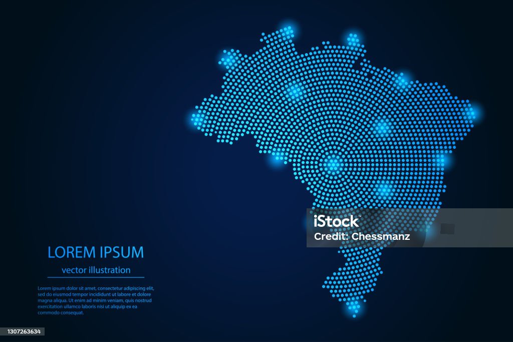 Imagem abstrata Mapa do Brasil a partir do ponto azul e estrelas brilhantes em um fundo escuro - Vetor de Brasil royalty-free