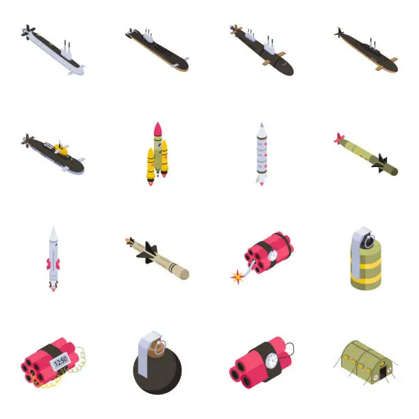 Vector illustration of Set of Military Equipment Isometric Icons