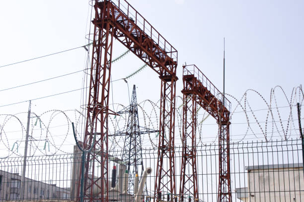 istock Electrical substation.Electric lines on blue sky background. Electrical industry 1307266775