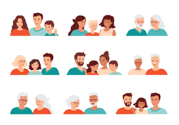 Set of diverse happy family avatars. Smiling men, women and children of various ages and nationalities. Collection of vector illustrations. Set of diverse happy family avatars. Smiling men, women and children of various ages and nationalities. Collection of isolated vector illustrations. diverse family stock illustrations