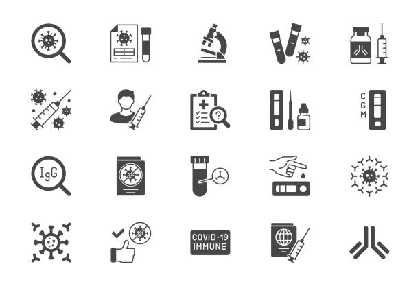 illustrations, cliparts, dessins animés et icônes de testez les icônes plates du coronavirus. l’illustration vectorielle incluent l’icône de glyphe - essai clinique de vaccin, anticorps, enfant rapide, pictogramme de silhouette d’échantillon de sang pour le diagnostic covid19 - medical sample