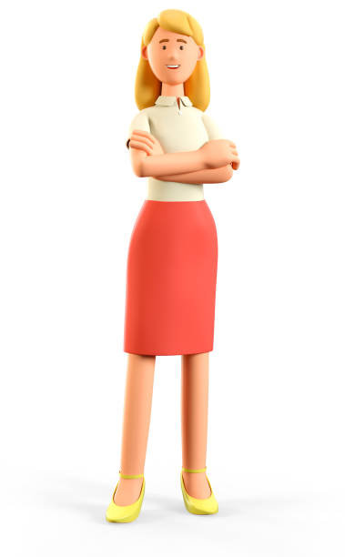 3d illustration of standing beautiful blonde woman with crossed arms. portrait of cartoon smiling confident attractive businesswoman in red skirt, isolated on white. - businesswoman skirt isolated standing imagens e fotografias de stock