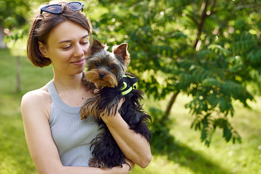 Cute beautiful woman with little Yorkshire Terrier in a park outdoors. Lifestyle portrait.