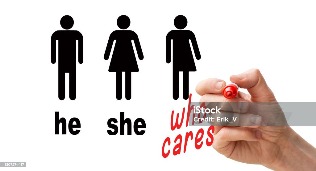 Gender neutral toilet sign concept. Words "who cares" written with red marker pen Gender Neutral Stock Photo