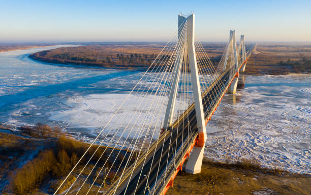 vista aérea del puente murom por cable a través del río oka - oka river fotografías e imágenes de stock