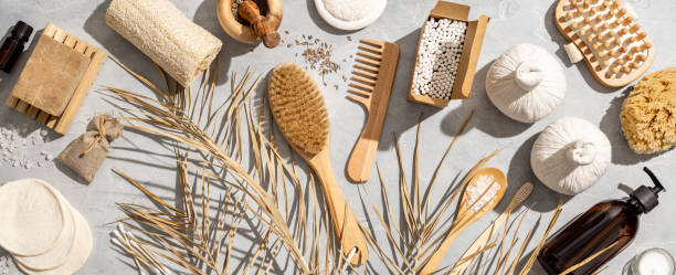 istock Zero waste, eco friendly bathroom accessories on concrete background 1307274701