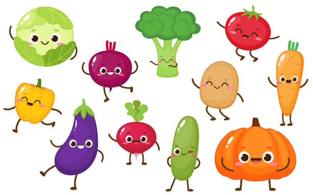 귀여운 만화 야채 컬렉션 벡터 - eggplant group of objects raw food eating stock illustrations