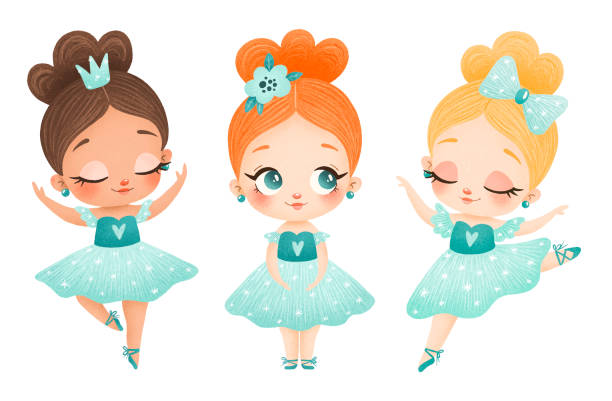 illustration von niedlichen cartoon kleine ballerinas in grünem kleid. ballett posen isoliert auf weißem hintergrund. - ballettröckchen stock-grafiken, -clipart, -cartoons und -symbole