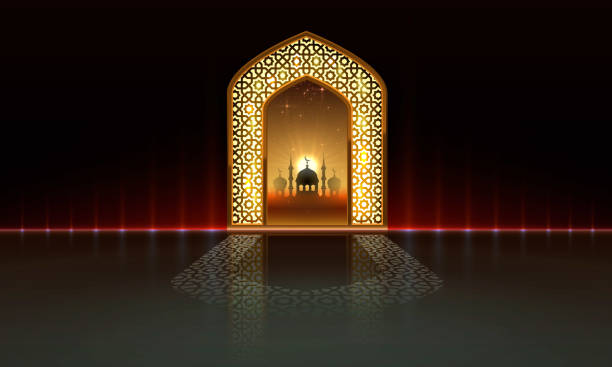 istock Ramadan cover card, Drawn mosque night view from arch background. Handwritten greeting card. Vector 1307277640