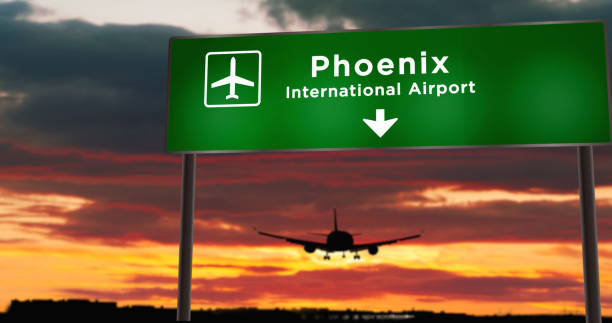 istock Plane landing in Phoenix Arizona with signboard 1307279051