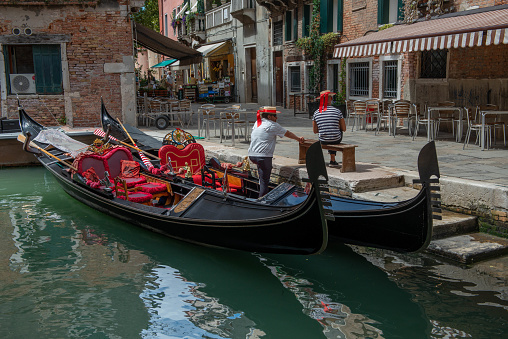 venice italy 18 july 2020: Gondoliers causing covid-19 expected tourists who cannot travel