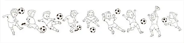 Vector illustration of Coloring book; set of isolated images of boys soccer players in different poses playing a soccer ball. Vector illustration in cartoon style, black and white line art Описание (на английском языке)