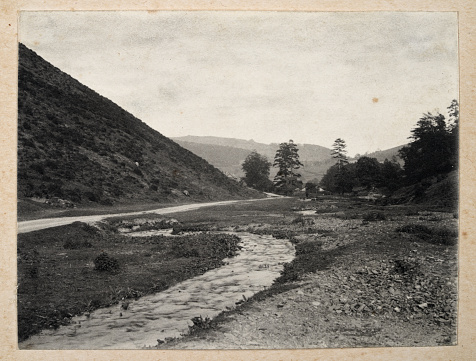 Vintage photograph of Stream running through a vally, Victorian landscape, 1890s