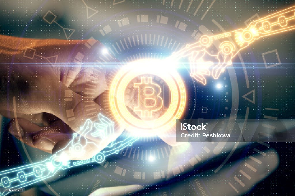 Double exposure of man's hands holding and using a phone and crypto currency blockchain theme drawing. Bitcoin Stock Photo