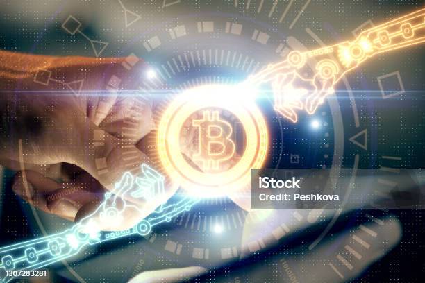 Double Exposure Of Mans Hands Holding And Using A Phone And Crypto Currency Blockchain Theme Drawing Stock Photo - Download Image Now