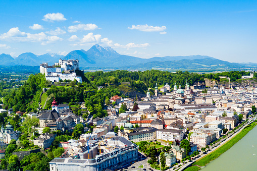 Salzburg city centre and Salzach river aerial panoramic view, Austria. Salzburg (literally \