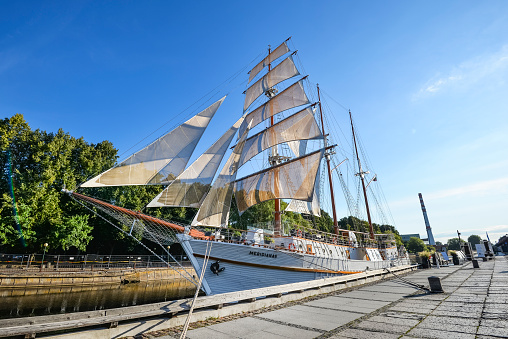 Klaipeda, Lithuania - August 13, 2020: View on famous Ship Meridianas in Klaipeda city, Lithuania