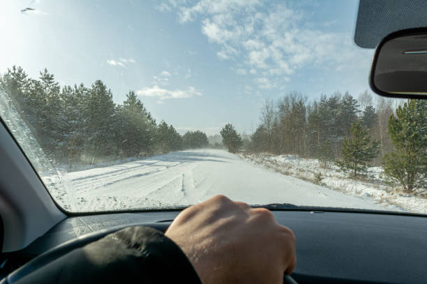 istock Snowy forest road during snowfall and strong wind. View of the road through the windshield of the car 1307285621