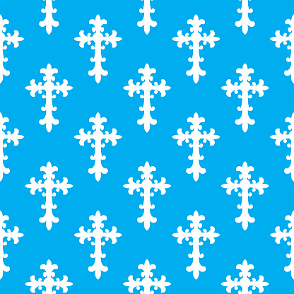 Vector seamless pattern of white oranate crossses on a blue square background.