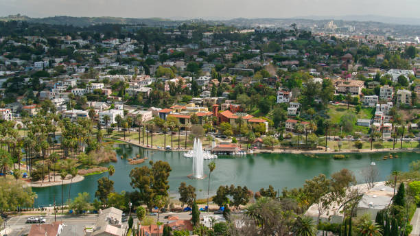 istock Echo Park Lake In Daylight - Aerial 1307288116