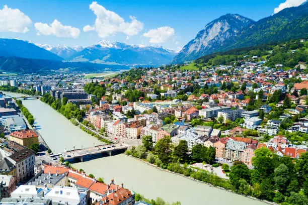 Inns river and Innsbruck city centre aerial panoramic view. Innsbruck is the capital city of Tyrol in western Austria