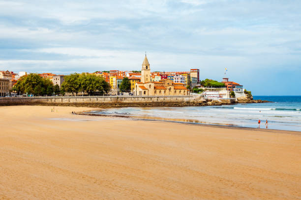 Gijon beach aerial view in the centre of Gijon city in Asturias, Spain