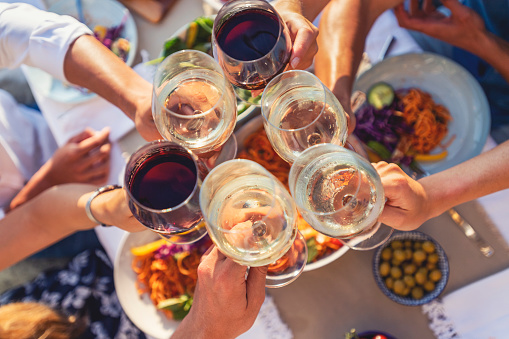 Group of friends having a meal outdoors. They are celebrating with a toast using wine. There are plates of food on the table including olives, salad and spaghetti Bolognese. Multi ethnic group.