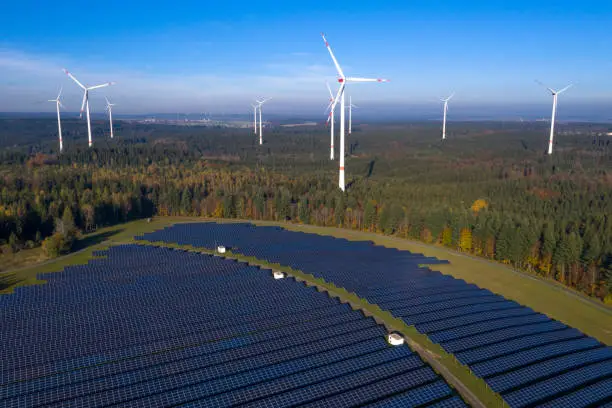 Photo of Solar Power Plant and Wind Turbines, Aerial View