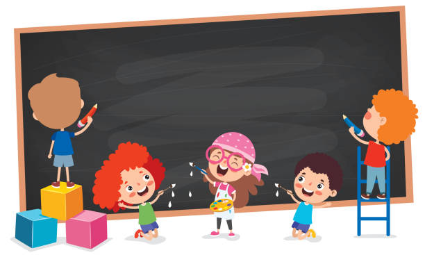 Funny Children With Empty Blackboard Funny Children With Empty Blackboard classroom borders stock illustrations