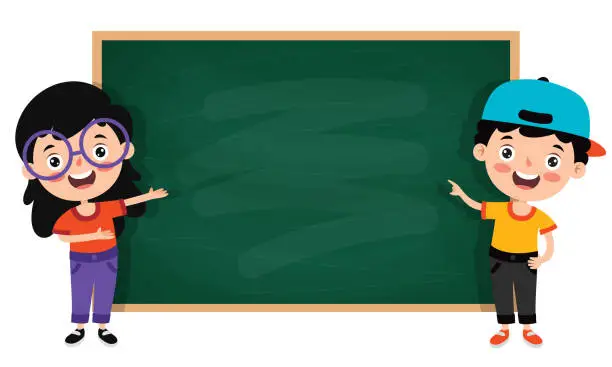 Vector illustration of Funny Children With Empty Blackboard