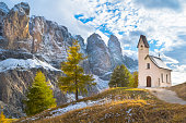 At an altitude of 2.136 meters the Gardena Pass in Val Gardena, Trentino Alto Adige, is part of the famous and spectacular Sella Group Massif.
