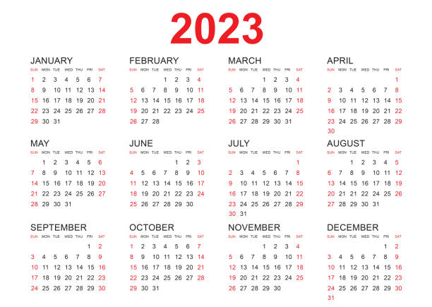 illustrations, cliparts, dessins animés et icônes de calendrier 2023 modèle vecteur, conception minimale simple, planificateur 2023 année, calendrier mural 2023 année, semaine commence lundi, ensemble de 12 calendrier, publicité, impression, papeterie, organisation et d’affaires. n"n - first impression