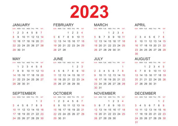 Vector illustration of Calendar 2023 template vector, simple minimal design, Planner 2023 year, Wall calendar 2023 year, Week Starts Monday, Set of 12 calendar, advertisement, printing, stationery, organization and business.