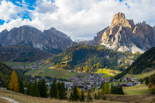 Beautiful view of Corvara in Badia Village in Trentino Alto Adige region in the Dolomites Mountains.