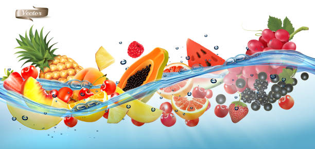 istock Fruit in juice splash panorama. Pineapple, strawberry, raspberry, blueberry, blackberry, orange, guava, citron, grape, watermelon, honey melon, mango, black currant. Vector. 1307303334