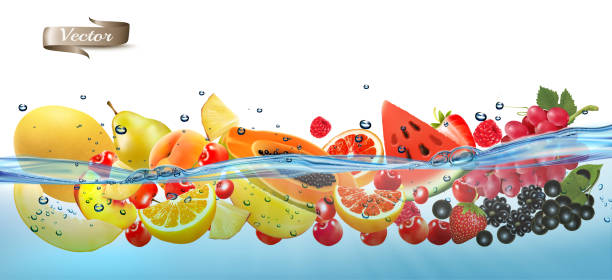 istock Fresh fruit and sweet berries  in transparent water and oxygen bubbles. Strawberry, raspberry, blackberry, papaya, orange, guava, citron, grape, watermelon, honey melon, mango, peach, cherry. Vector 1307304004