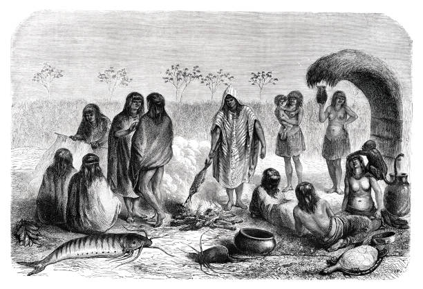 ilustraciones, imágenes clip art, dibujos animados e iconos de stock de indígenas peruanos tribu acampando en la pesca fluvial 1864 - native american illustrations