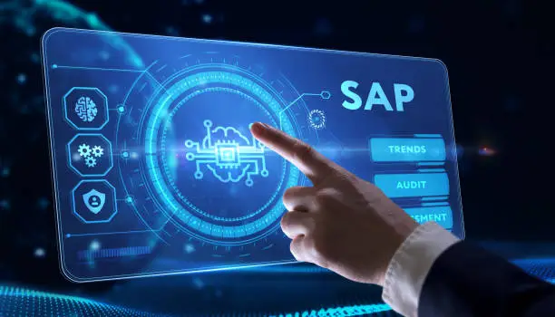 Photo of SAP System Software Automation concept on virtual screen data center. Business, modern technology, internet and networking concept.