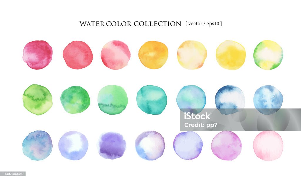 Materiales redondos de la acuarela. Colección de 21 paletas de colores (vector) - arte vectorial de Acuarela libre de derechos